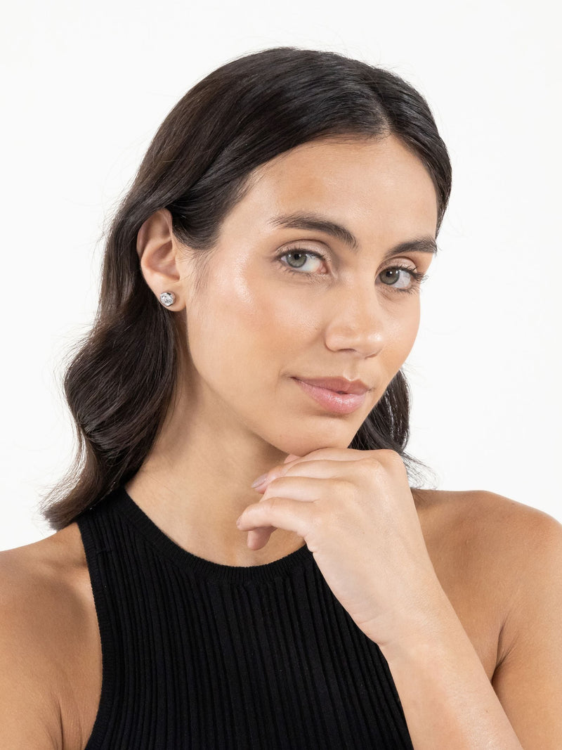 BOSS Kassy earrings in silver tone stainless steel with crystal centre, UK version
