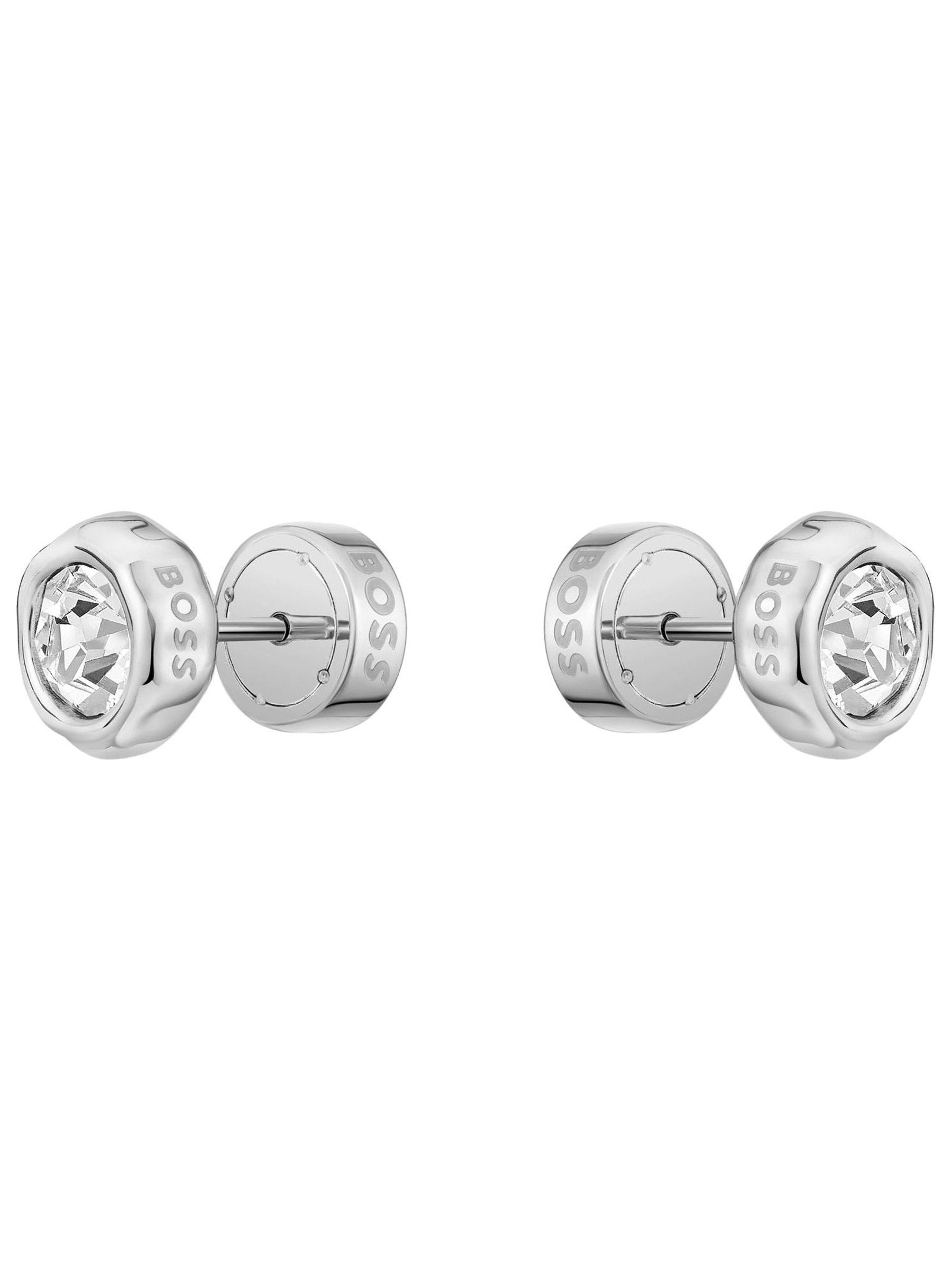 BOSS Kassy earrings in silver tone stainless steel with crystal centre, UK version