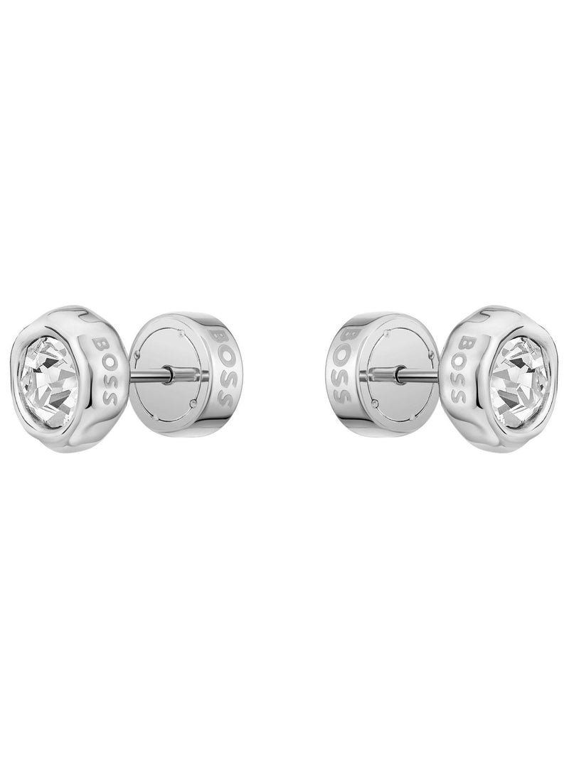 BOSS Kassy earrings in silver tone stainless steel with crystal centre, UK version