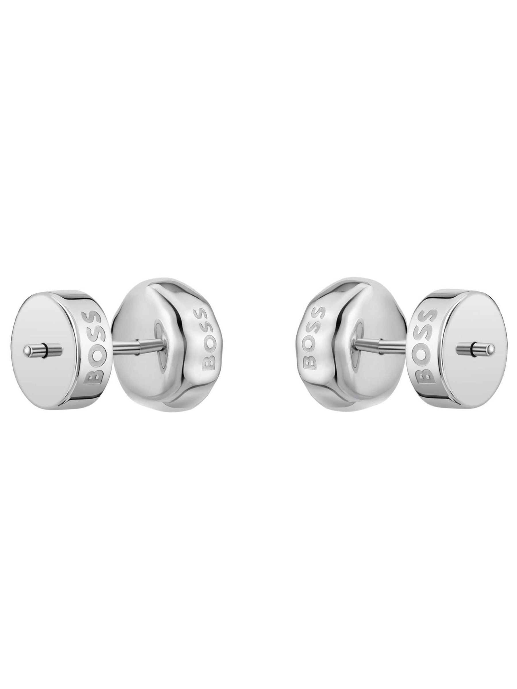 BOSS Kassy earrings in silver tone stainless steel with crystal centre, UK version