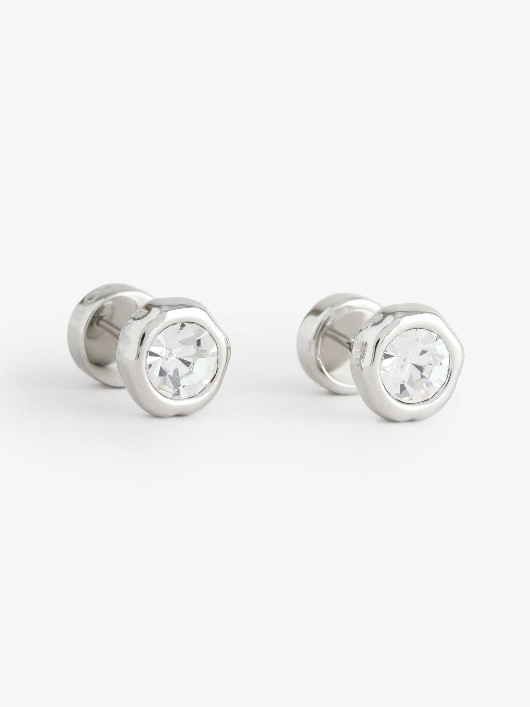 BOSS Kassy earrings in silver tone stainless steel with crystal centre, UK version