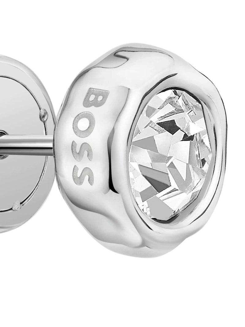 BOSS Kassy earrings in silver tone stainless steel with crystal centre, UK version