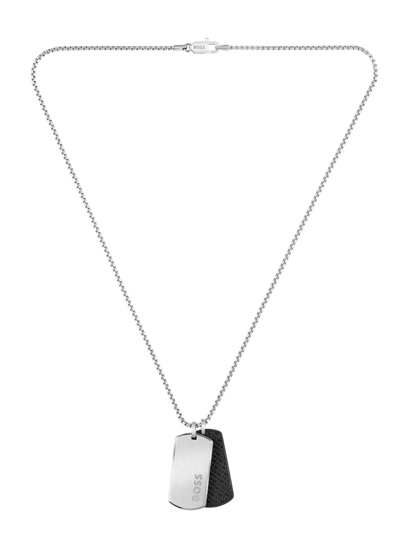BOSS Devon stainless steel necklace with black leather tags, imported from the UK