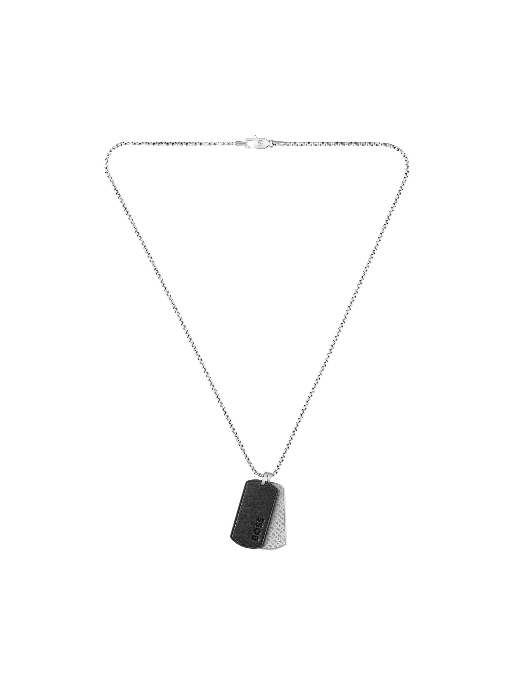 BOSS Devon stainless steel necklace with black leather tags, imported from the UK