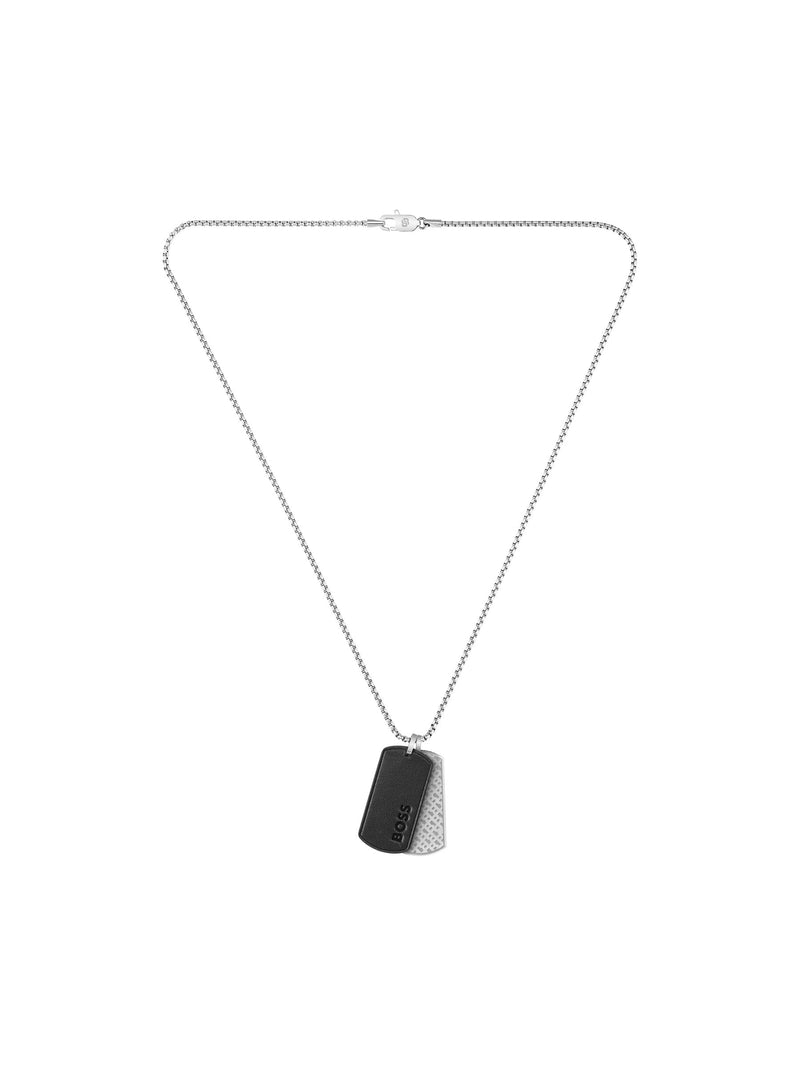 BOSS Devon stainless steel necklace with black leather tags, imported from the UK