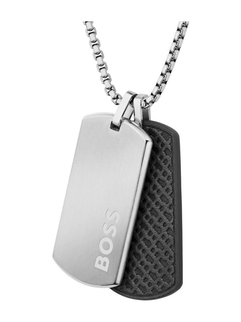 BOSS Devon stainless steel necklace with black leather tags, imported from the UK