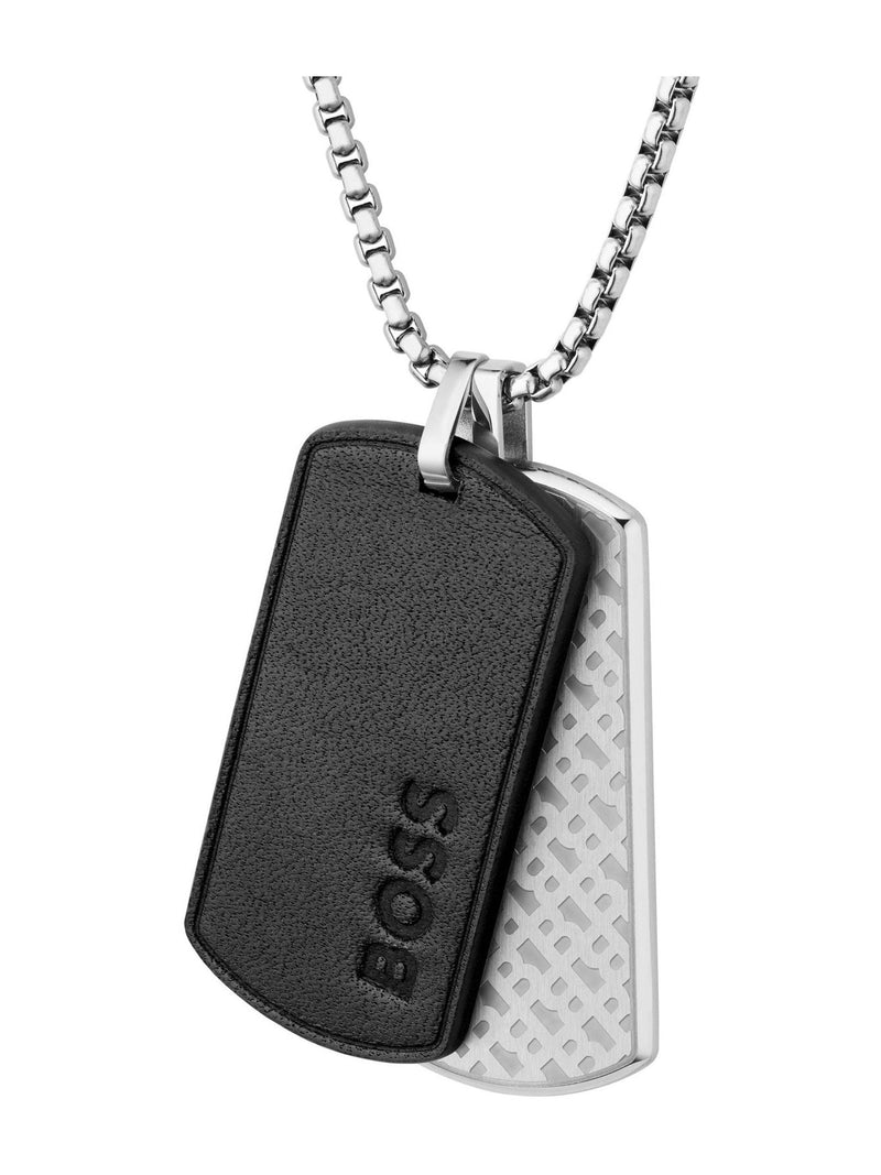 BOSS Devon stainless steel necklace with black leather tags, imported from the UK