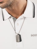 BOSS Devon stainless steel necklace with black leather tags, imported from the UK