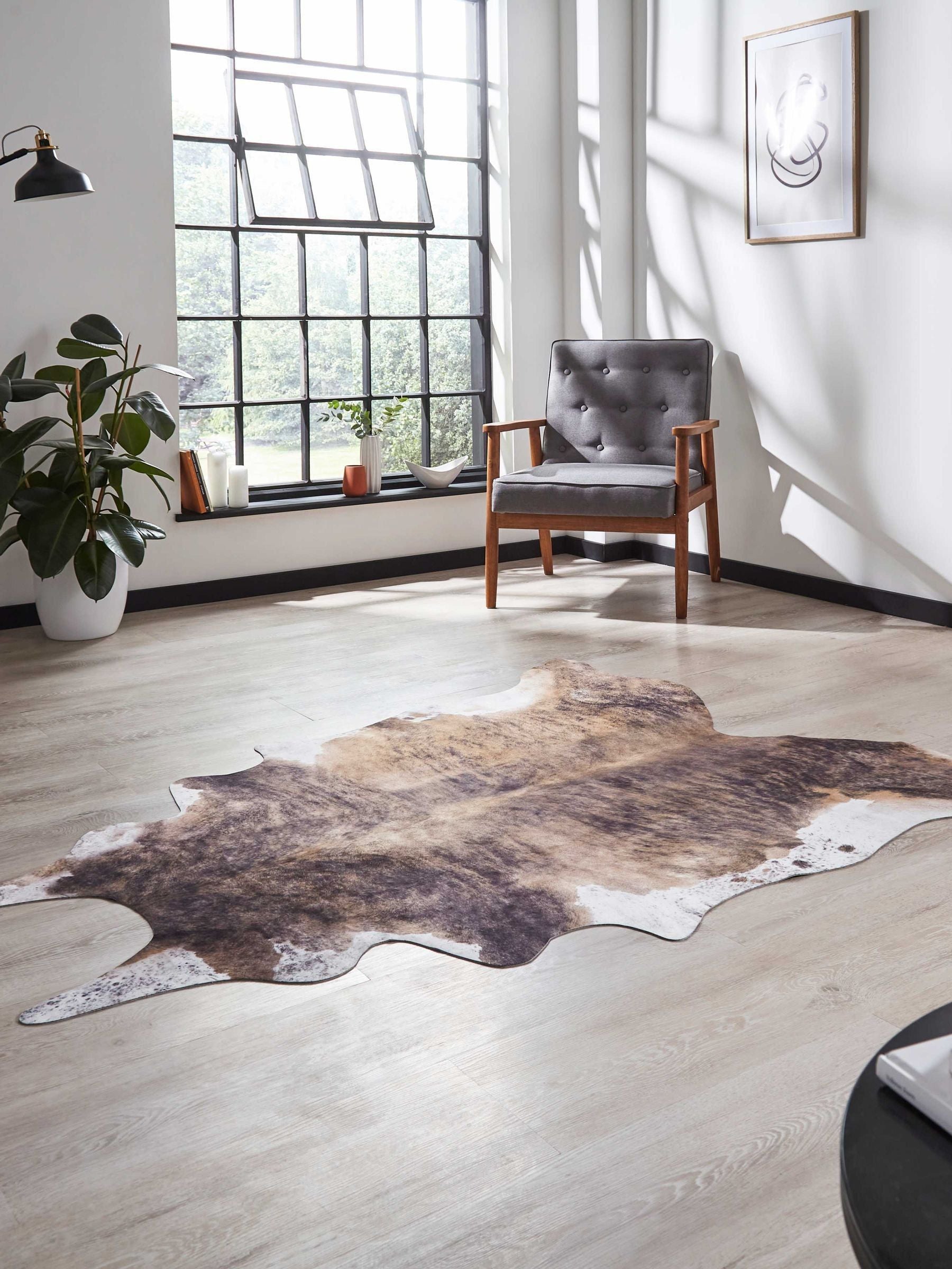 Think Rugs brown faux cow print rug soft pile - British product
