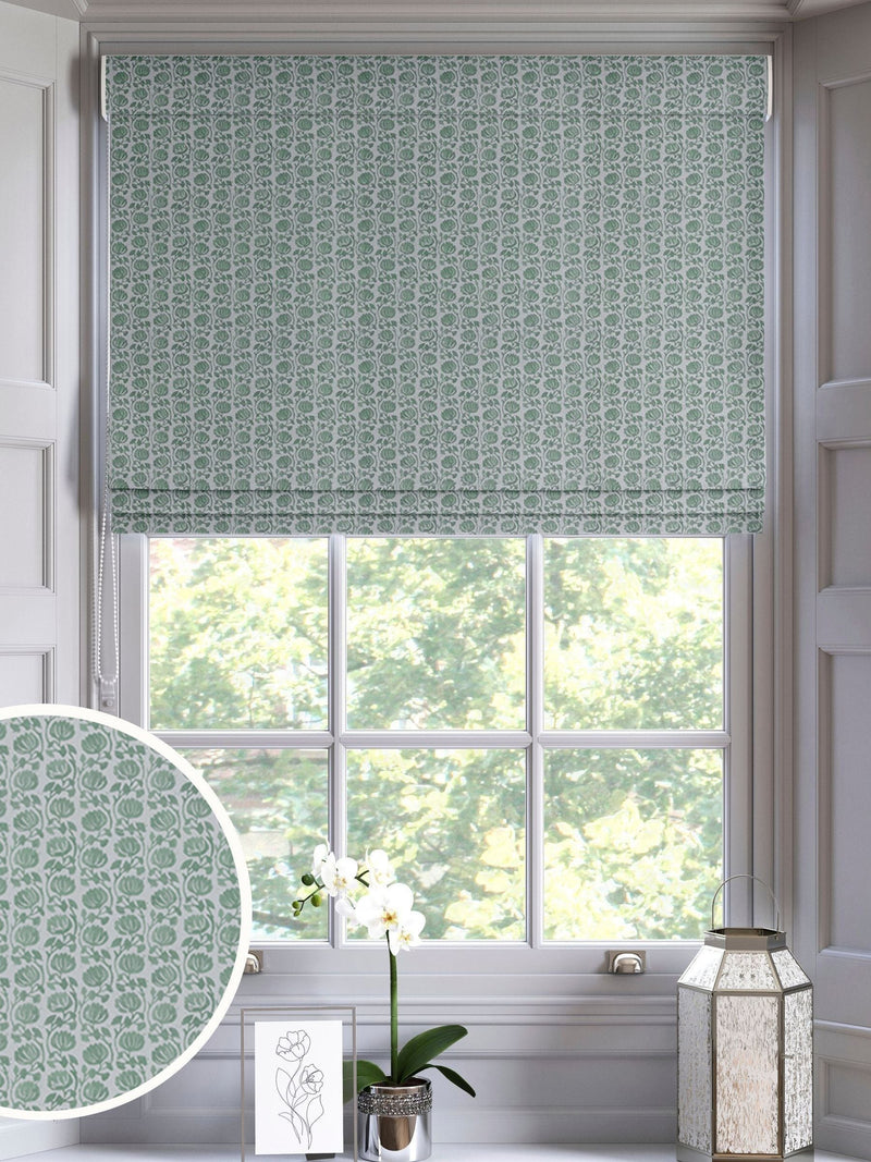 Eliza roman blind in seafoam blue with floral pattern, UK version
