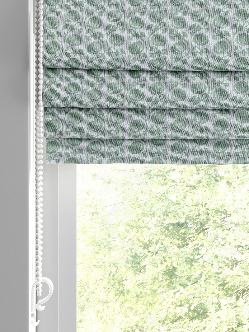 Eliza roman blind in seafoam blue with floral pattern, UK version