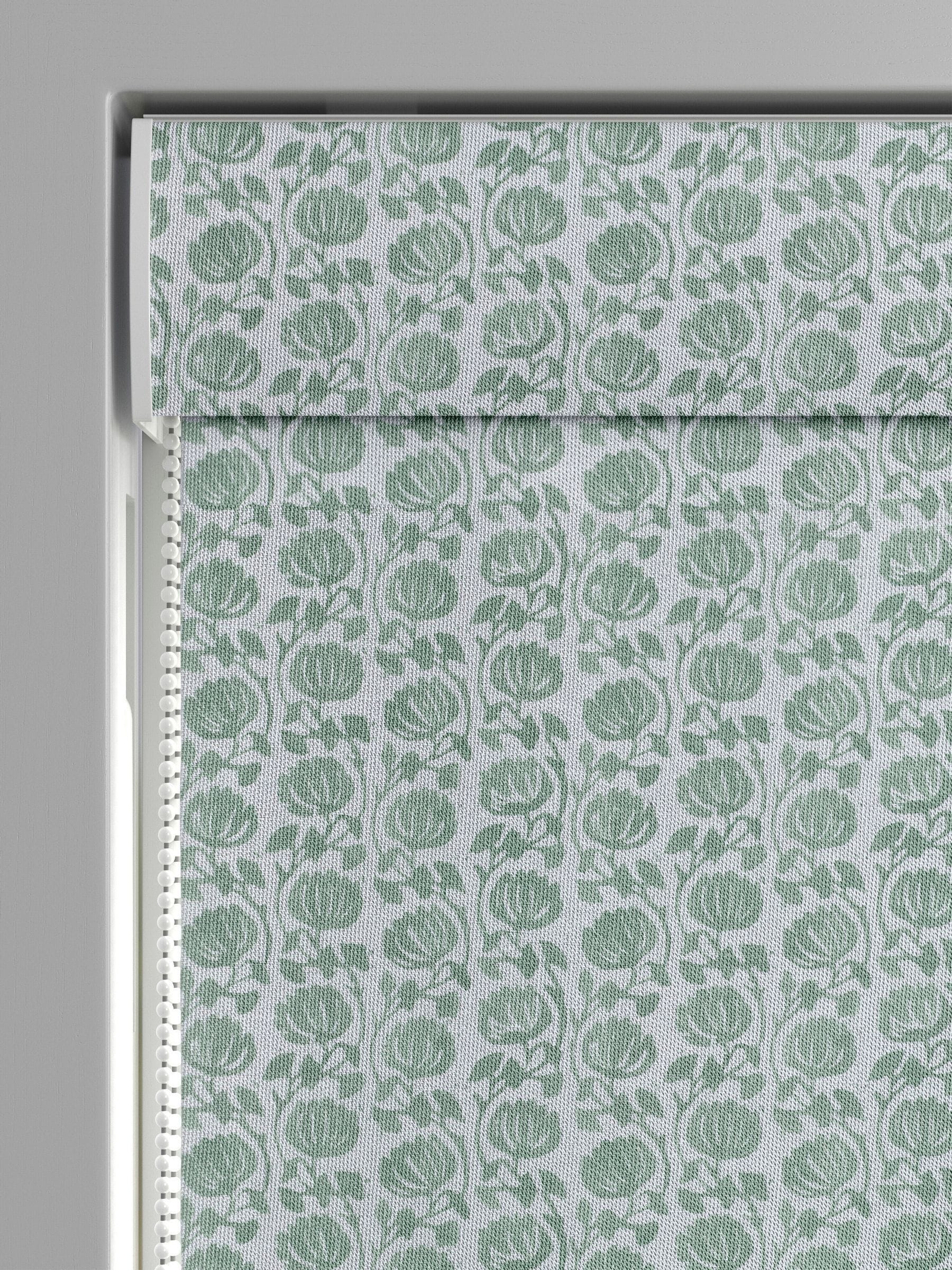 Eliza roman blind in seafoam blue with floral pattern, UK version