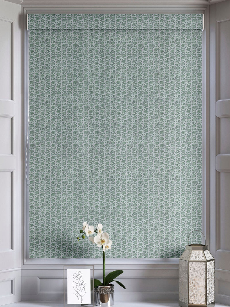 Eliza roman blind in seafoam blue with floral pattern, UK version
