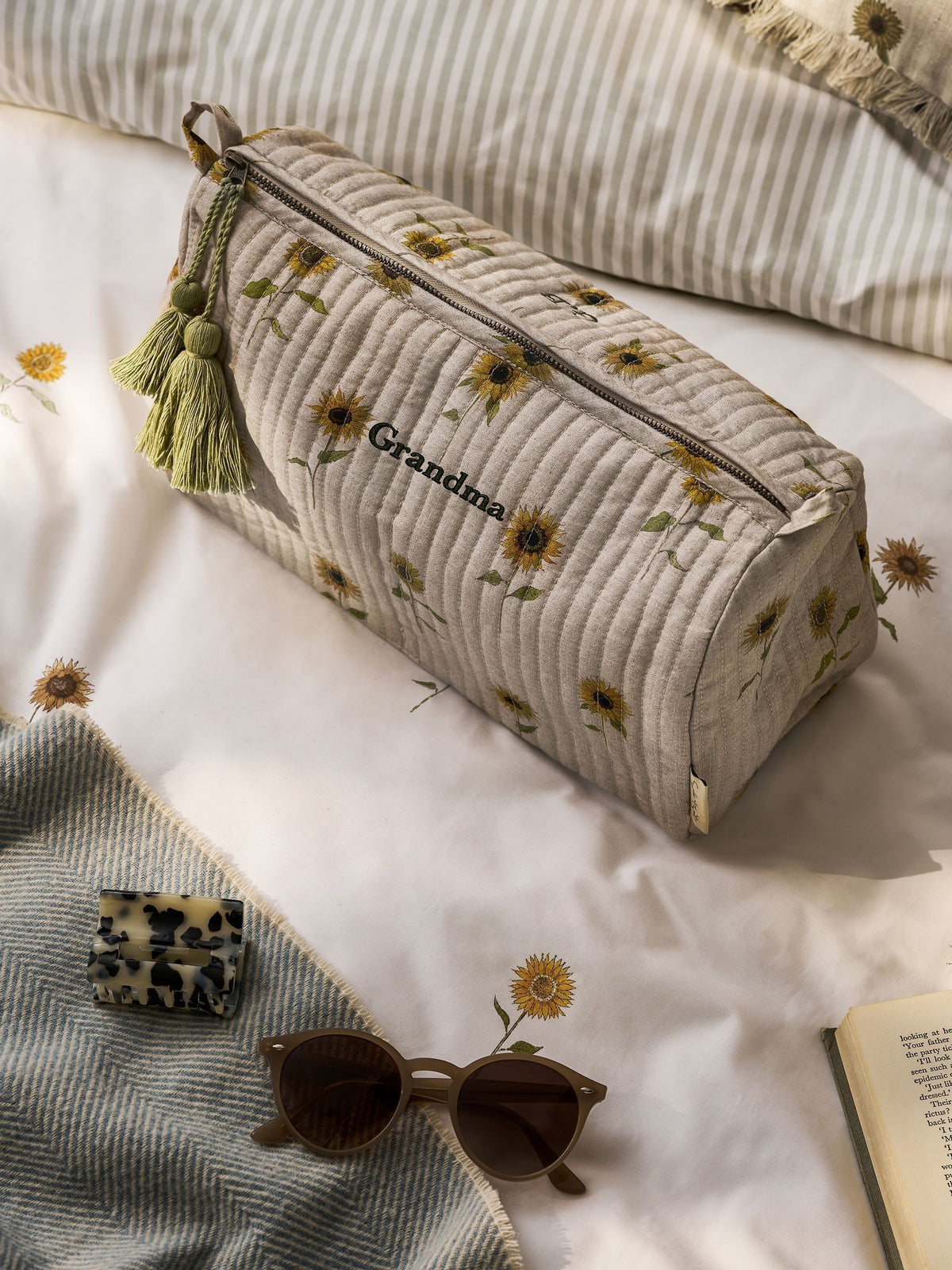 Sophie Allport sunflower cotton wash bag with tassels - British product