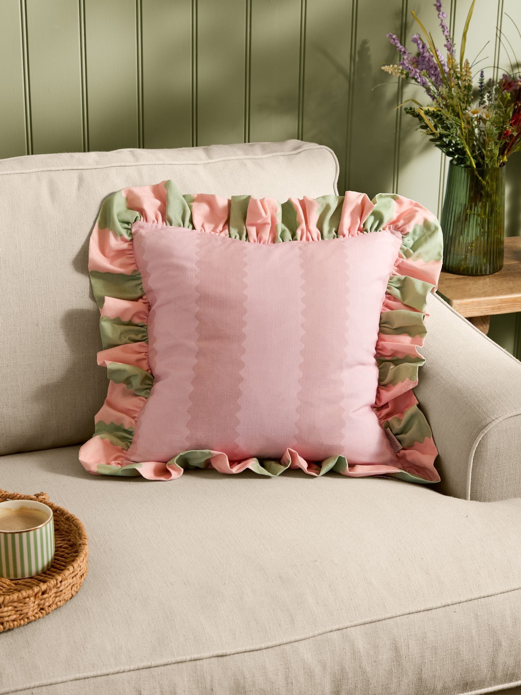 Wylder Birdie Stripe Ruffle cushion 45x45cm, British product