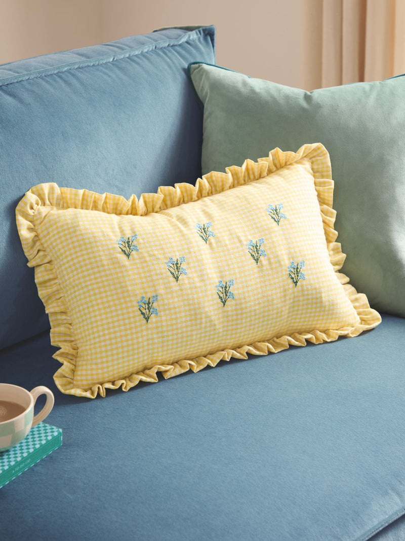 Furn Natural Les Petite Fleurs Gingham Ruffle Feather Filled Cushion 30x50cm