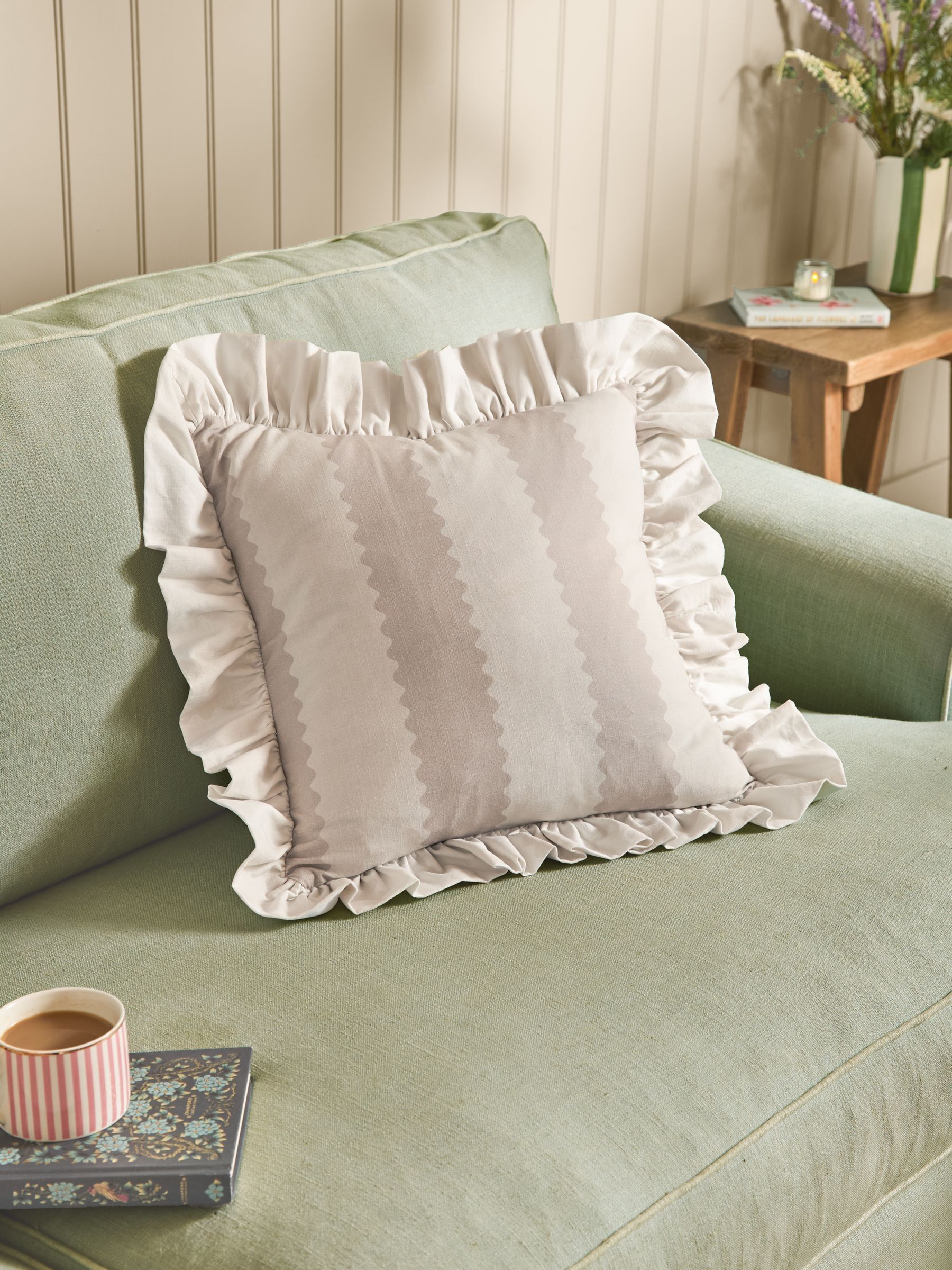 Wylder Birdie Stripe Pink/Green Ruffle Feather Filled Cushion 45x45cm