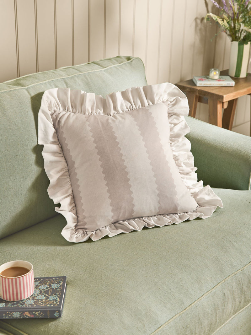 Wylder Birdie Stripe Pink/Green Ruffle Feather Filled Cushion 45x45cm
