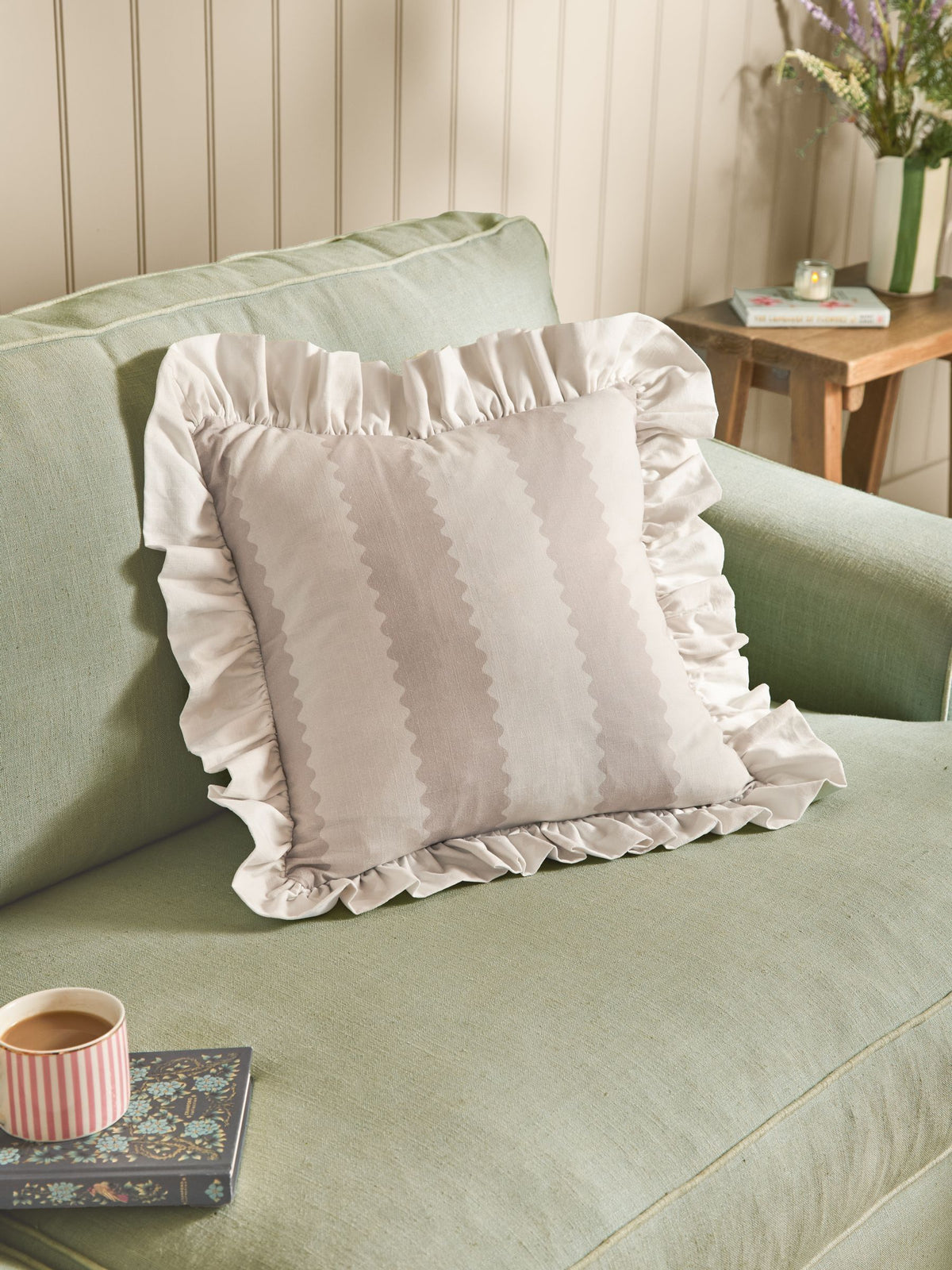Wylder Birdie Stripe Pink/Green Ruffle Feather Filled Cushion 45x45cm