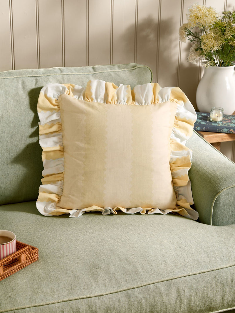 Wylder Birdie Stripe Pink/Green Ruffle Feather Filled Cushion 45x45cm