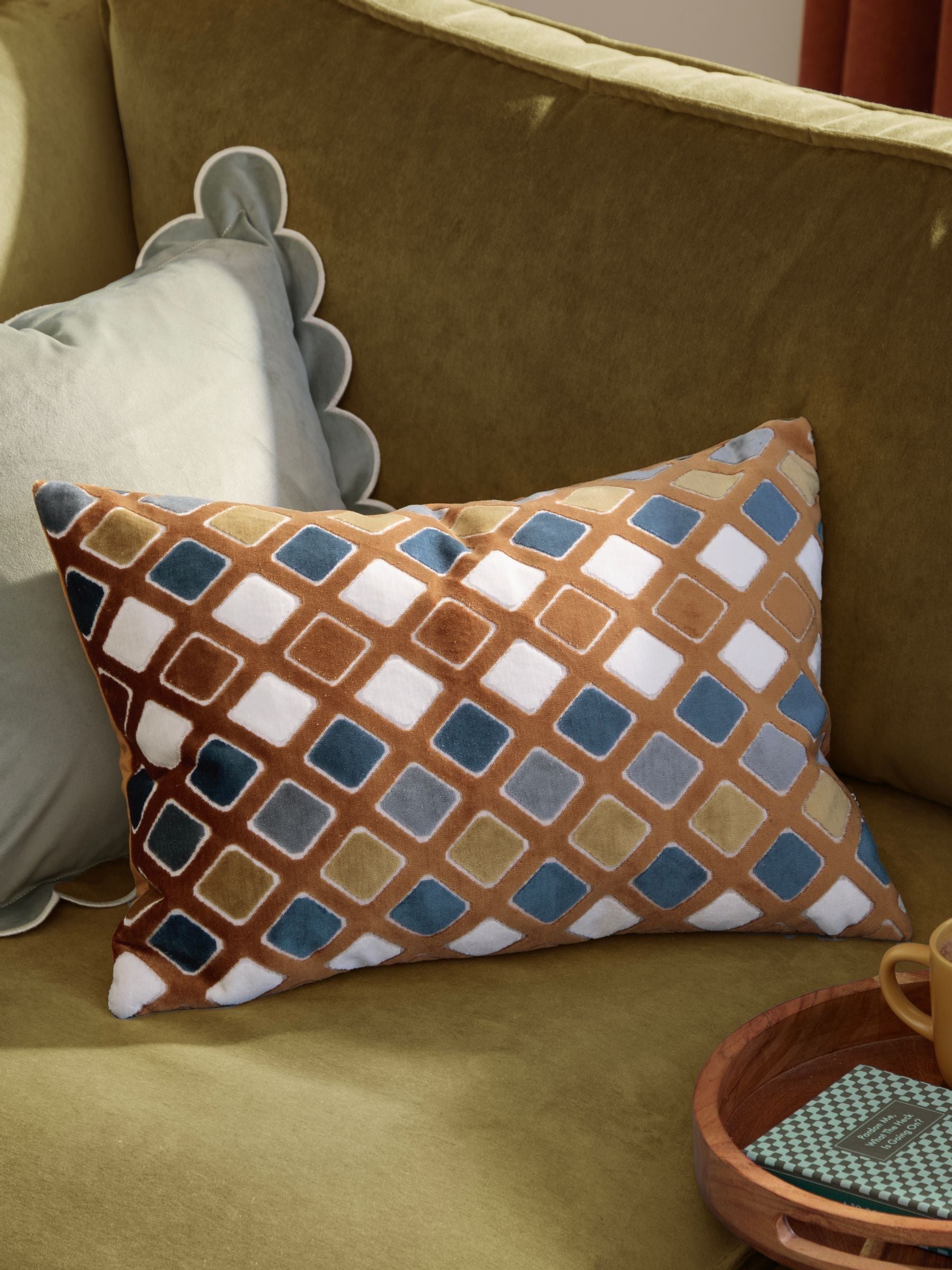 Furn Green Metro Diamond Velvet Feather Filled Cushion 30x50cm