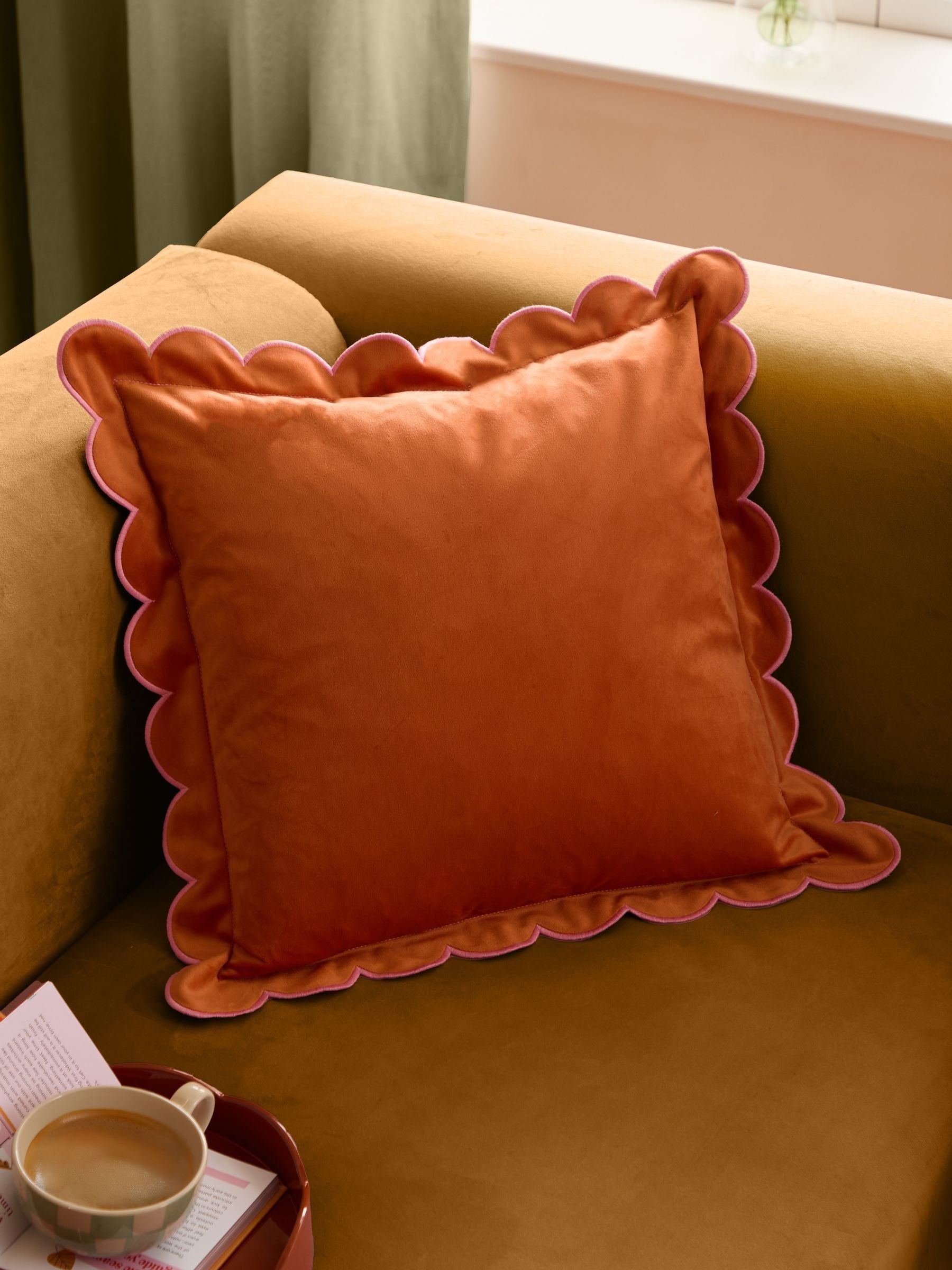 Furn orange pink scallop velvet cushion 45x45cm, UK version