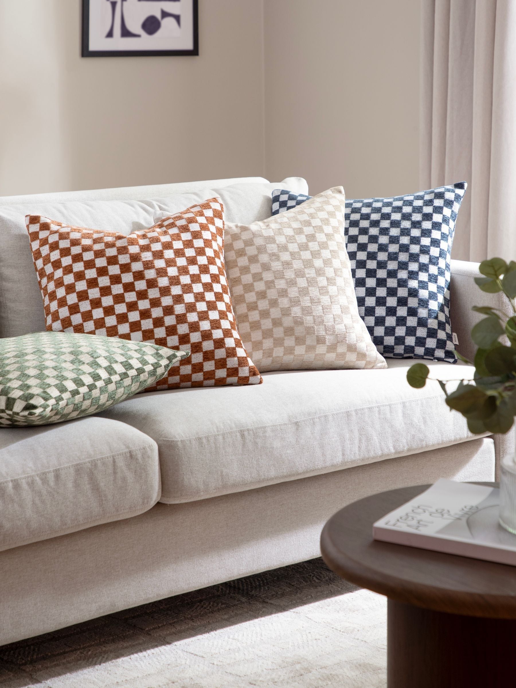 HÖEM natural checkerboard chenille cushion 45x45cm, imported from the UK