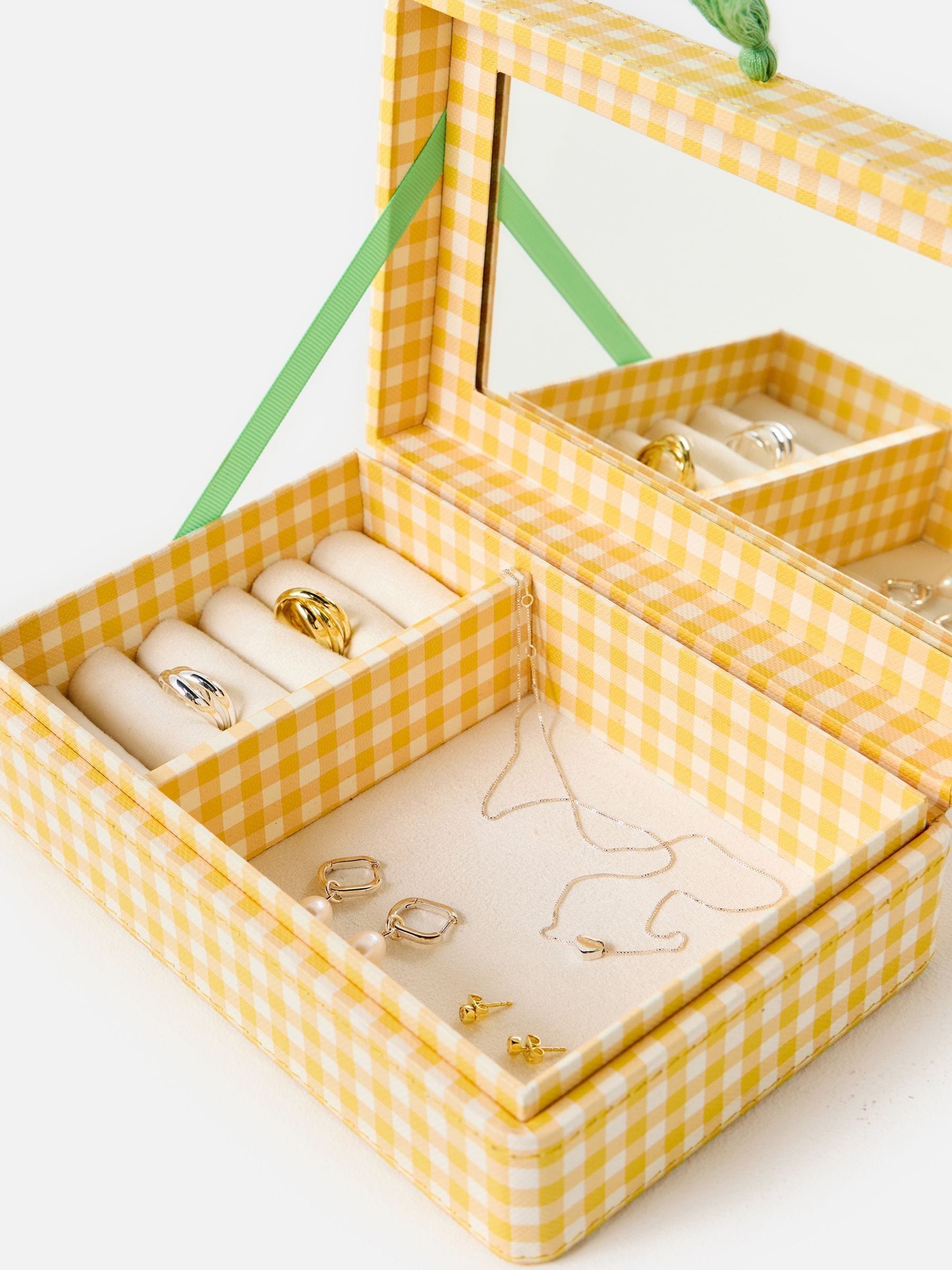 Oliver Bonas Agnes gingham jewellery box with tassel and mirror, UK version