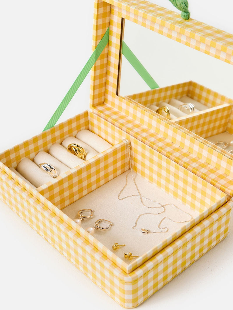 Oliver Bonas Agnes gingham jewellery box with tassel and mirror, UK version
