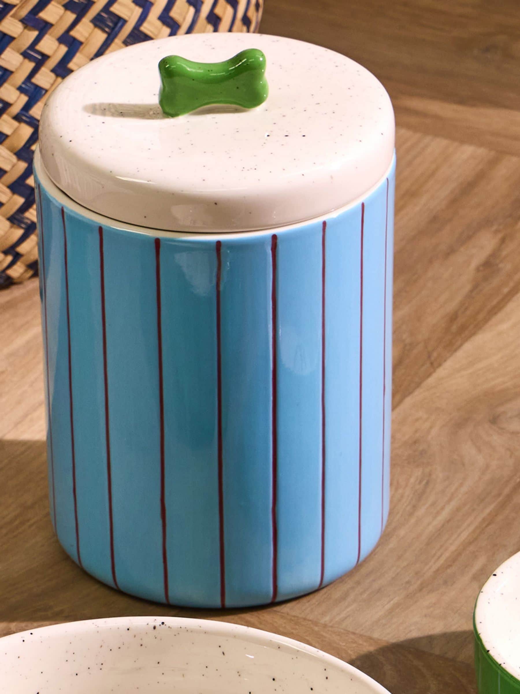 Oliver Bonas ceramic pet treat jar blue burgundy striped 19cm, imported from the UK