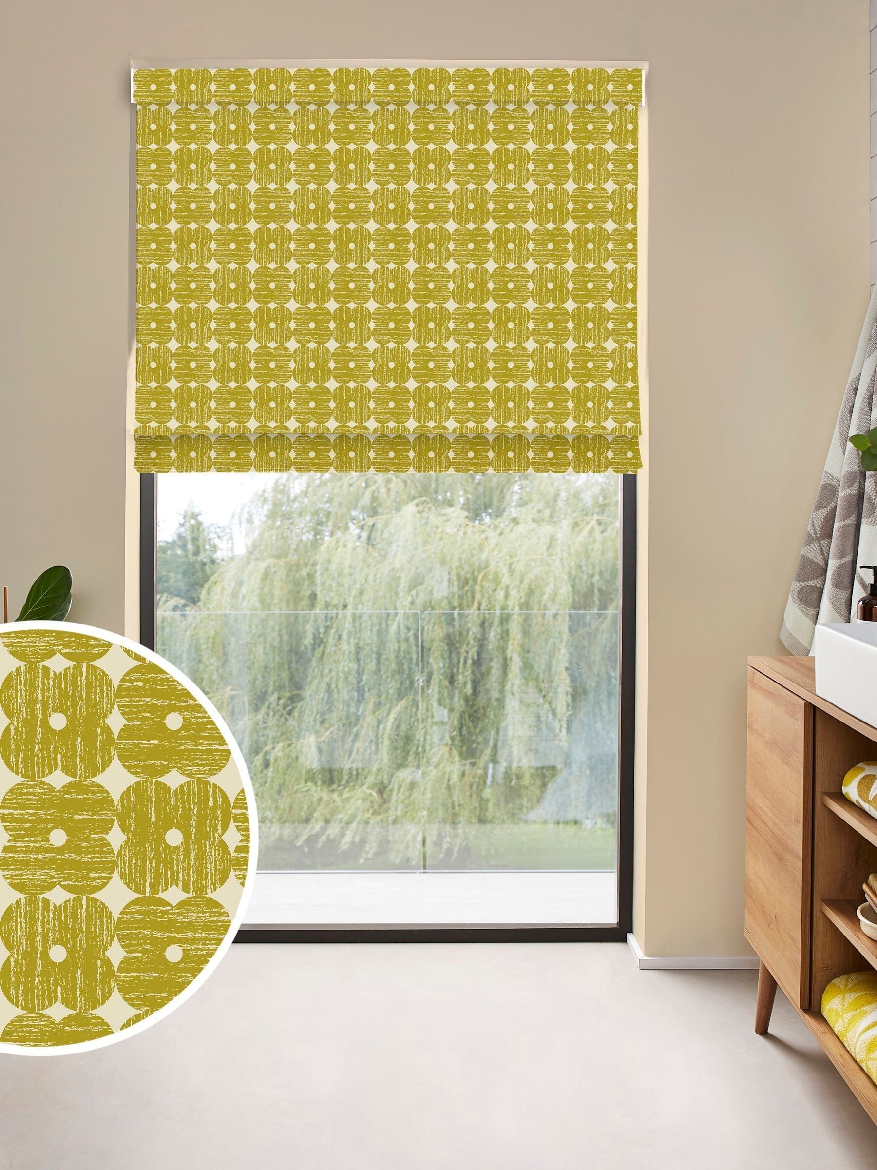 Orla Kiely yellow textured flower roman blinds - British product