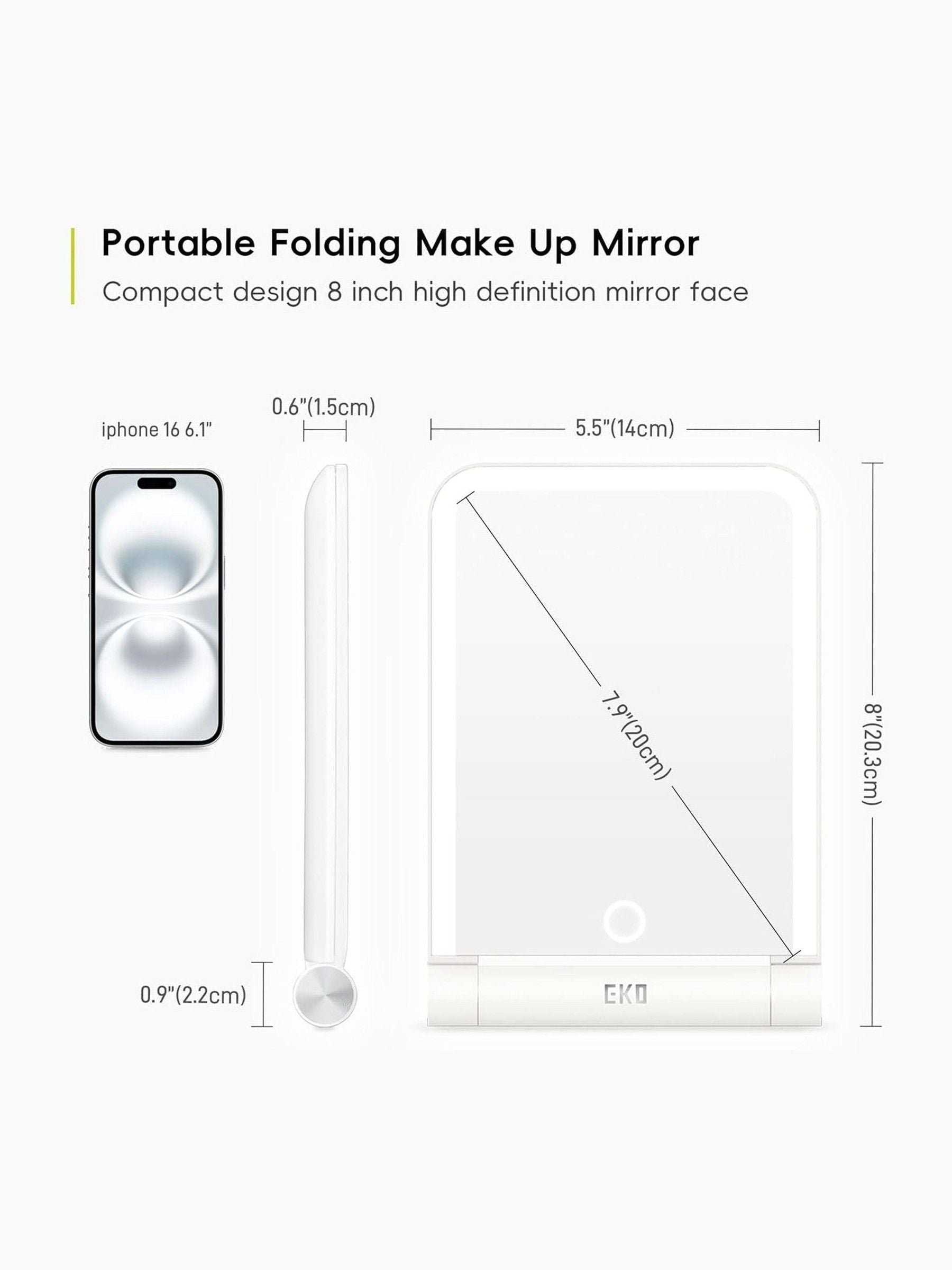 Eko white foldable travel LED mirror 26cm, imported from the UK