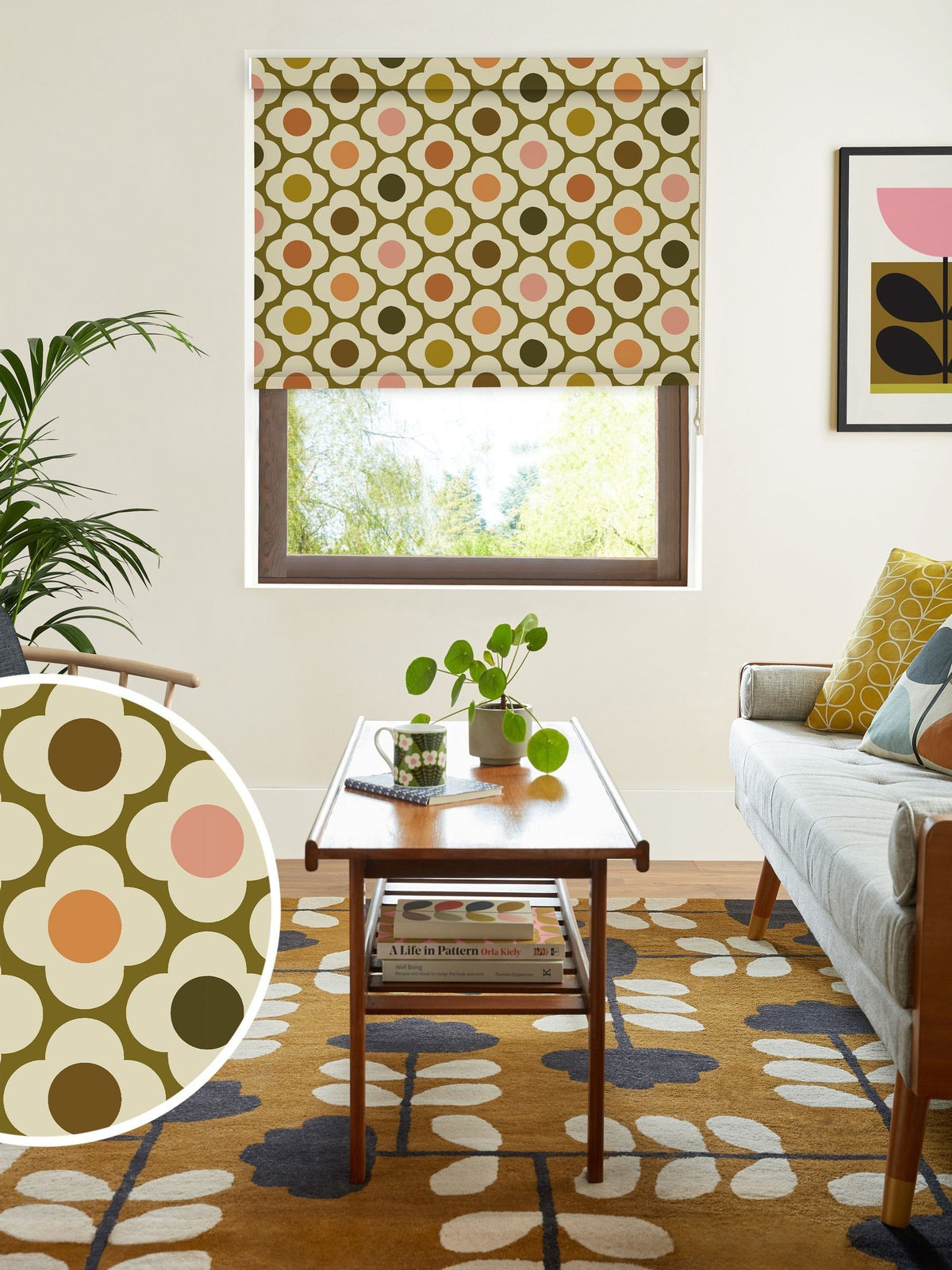Orla Kiely Multi Autumn Spot Flower roller blinds made to measure, UK version