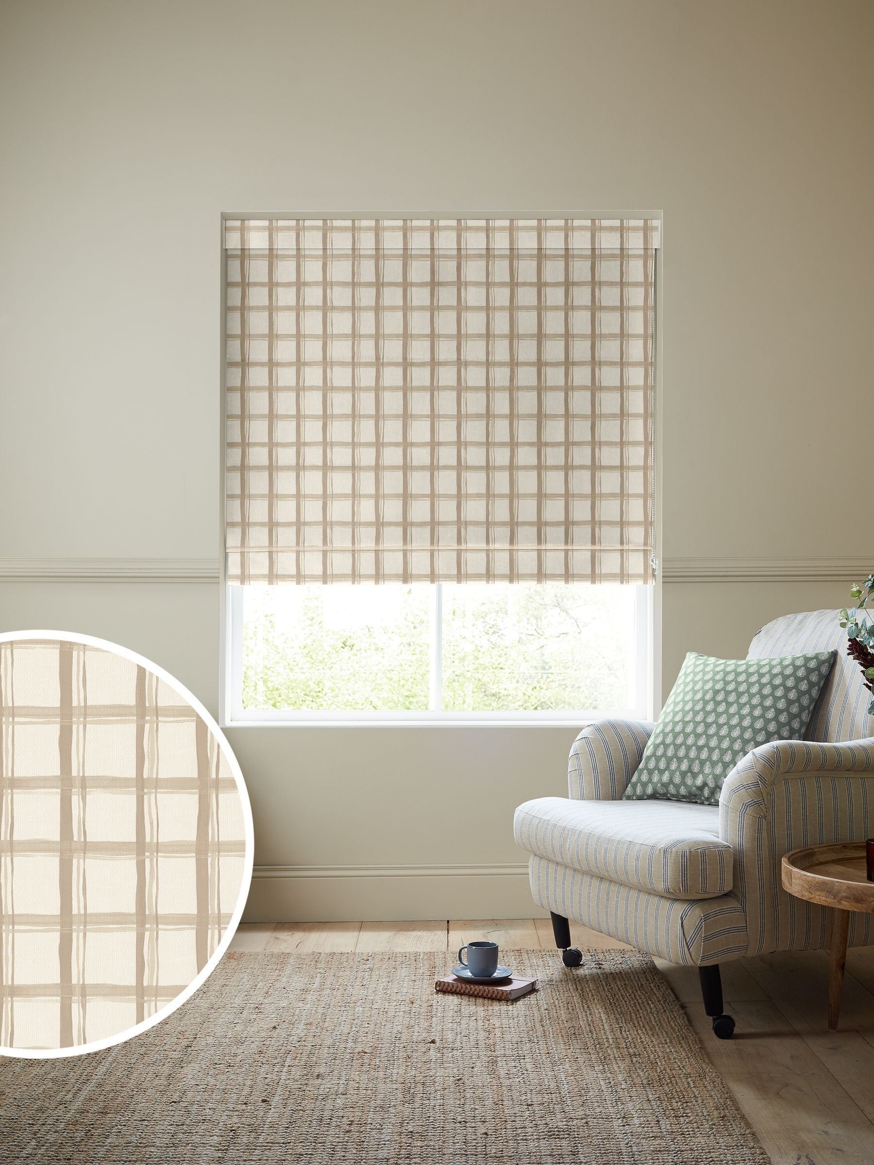 Emily Bond Almond Gingham roman blind, UK version