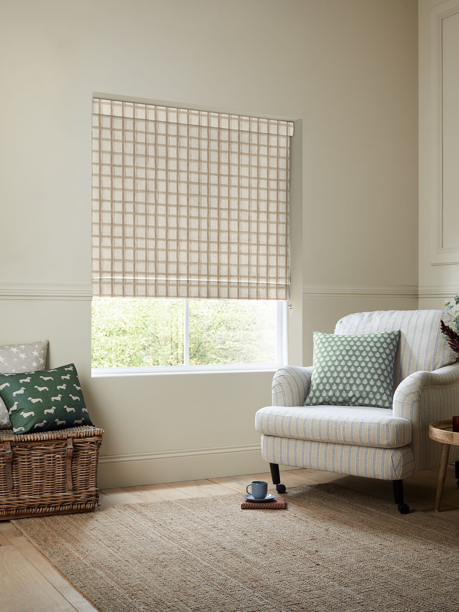 Emily Bond Almond Gingham roman blind, UK version