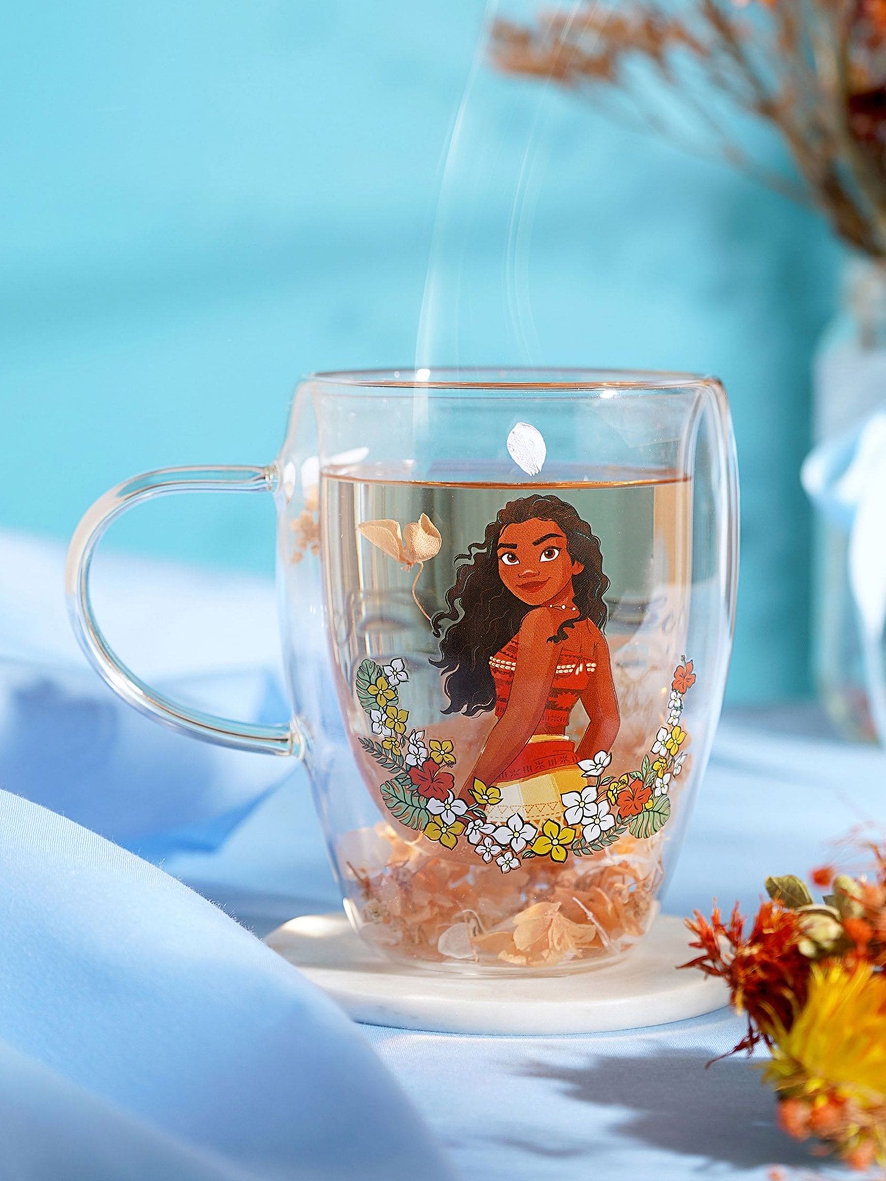 Disney Princess Moana glass mug with dried flowers, imported from the UK