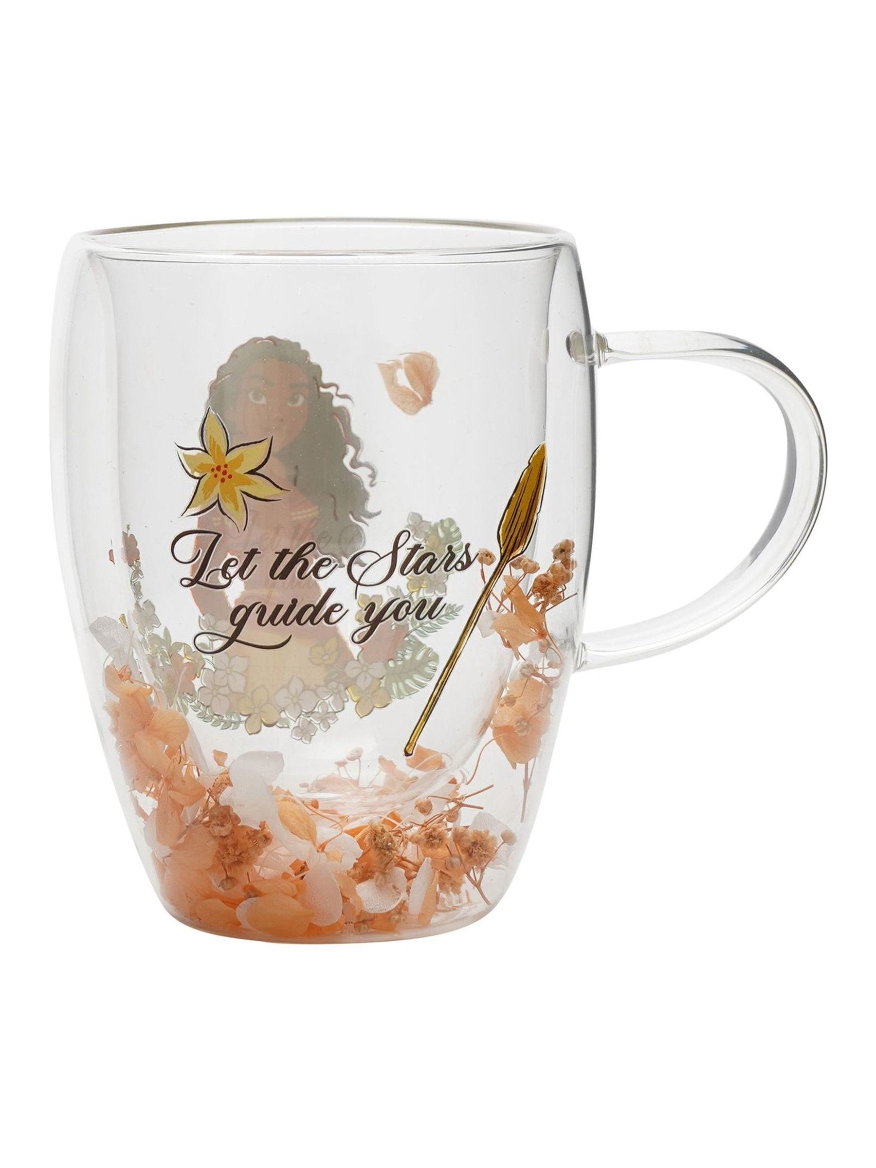 Disney Princess Moana glass mug with dried flowers, imported from the UK