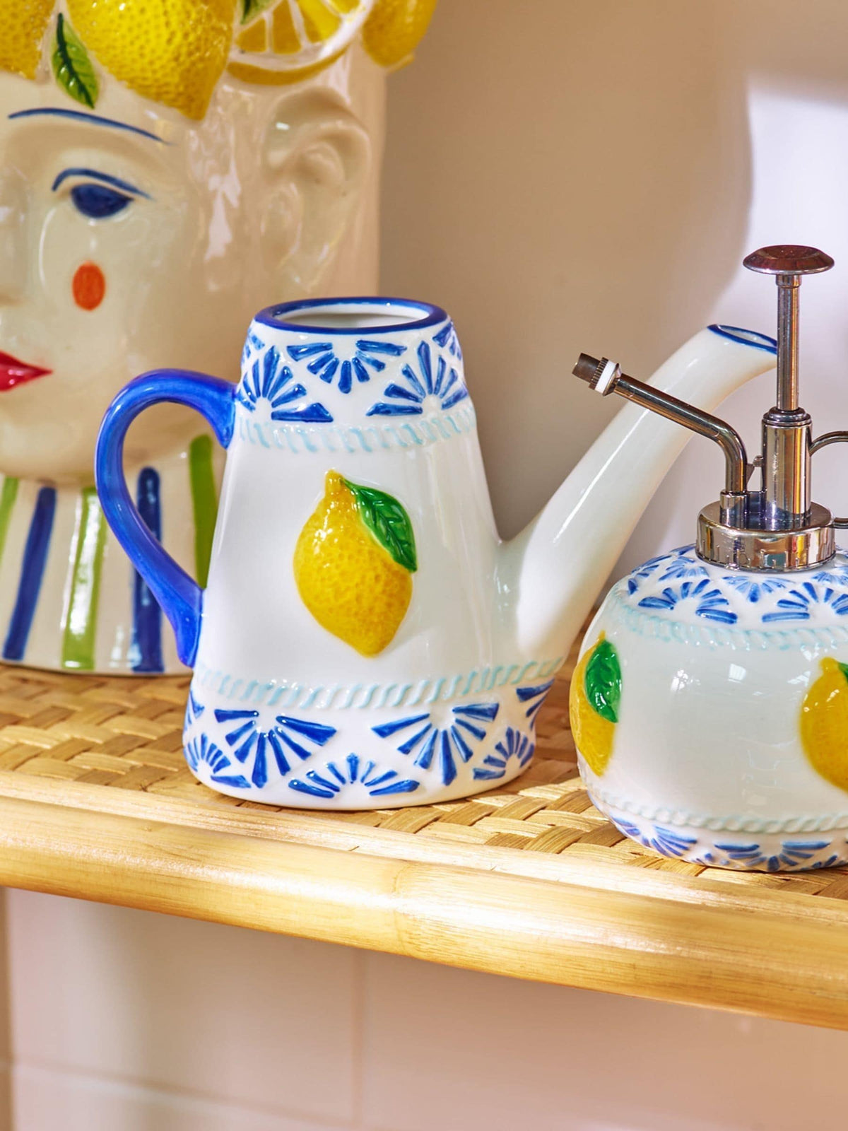 Oliver Bonas ceramic watering can Blue Lemons 14cm, UK version