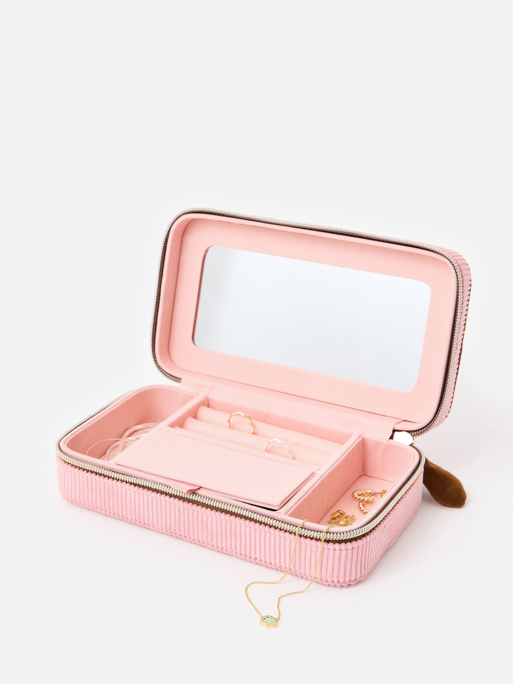 Oliver Bonas pink brown corduroy large rectangle jewellery box, imported from the UK