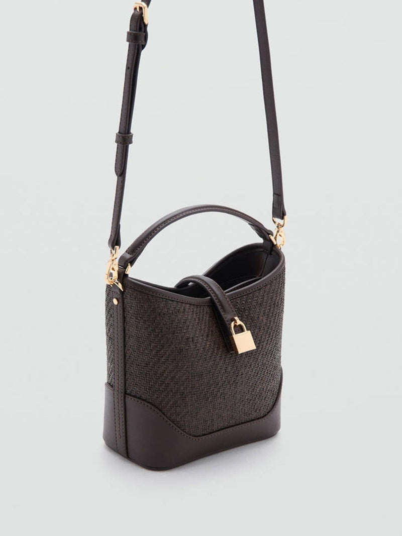 Mango bucket bag brown straw contrasting canvas small, UK version