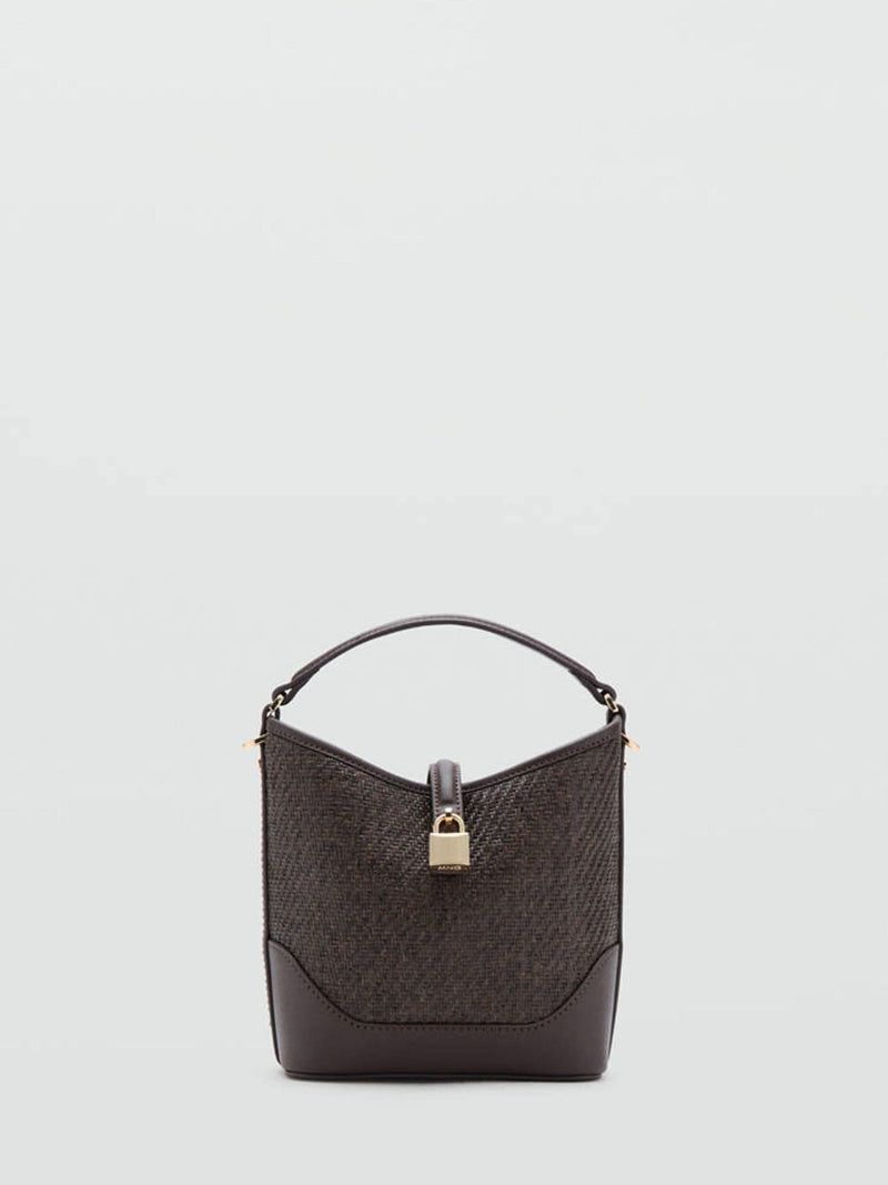 Mango Brown Straw Contrasting Canvas Bucket Cross-Body Bag