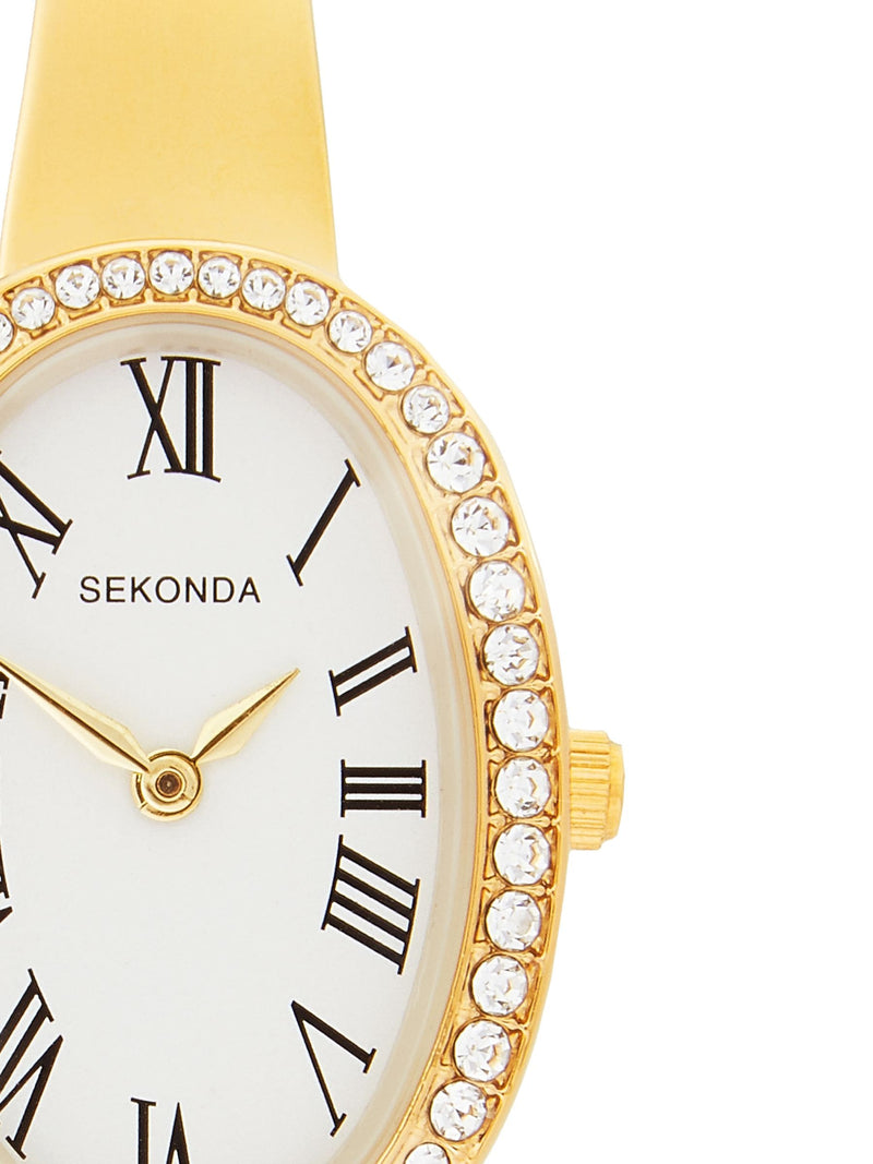 Sekonda Bellamy oval gold watch with Roman numerals and jewellery set, UK version