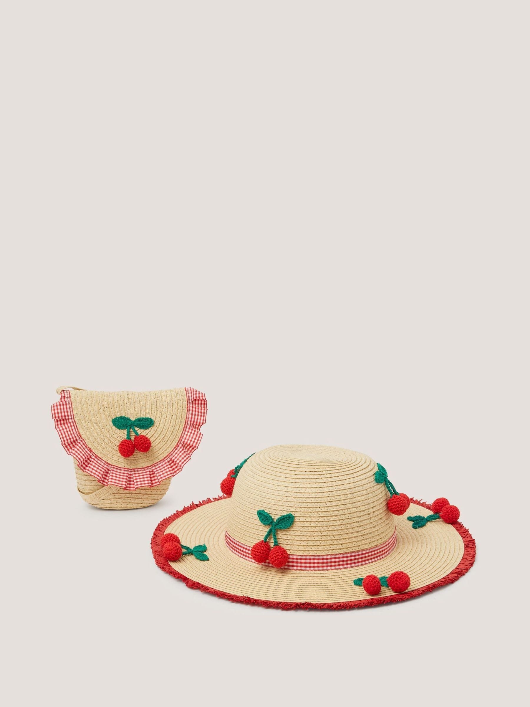 Monsoon crochet cherry straw hat and bag set, UK version