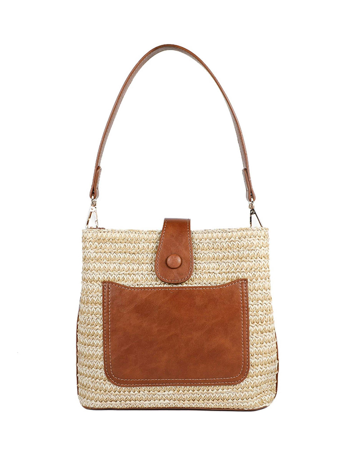 Pavers Brown Woven Shoulder Bag with Faux Leather Trim
