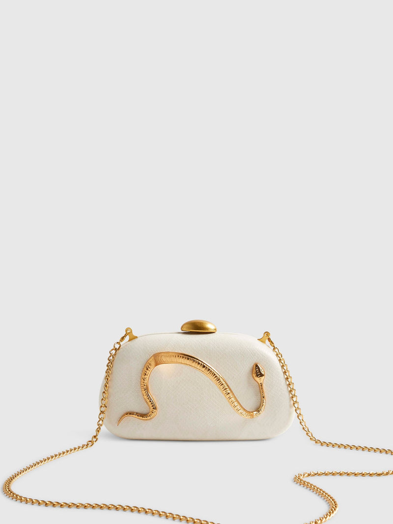 River Island cream snake print clutch bag, imported from the UK