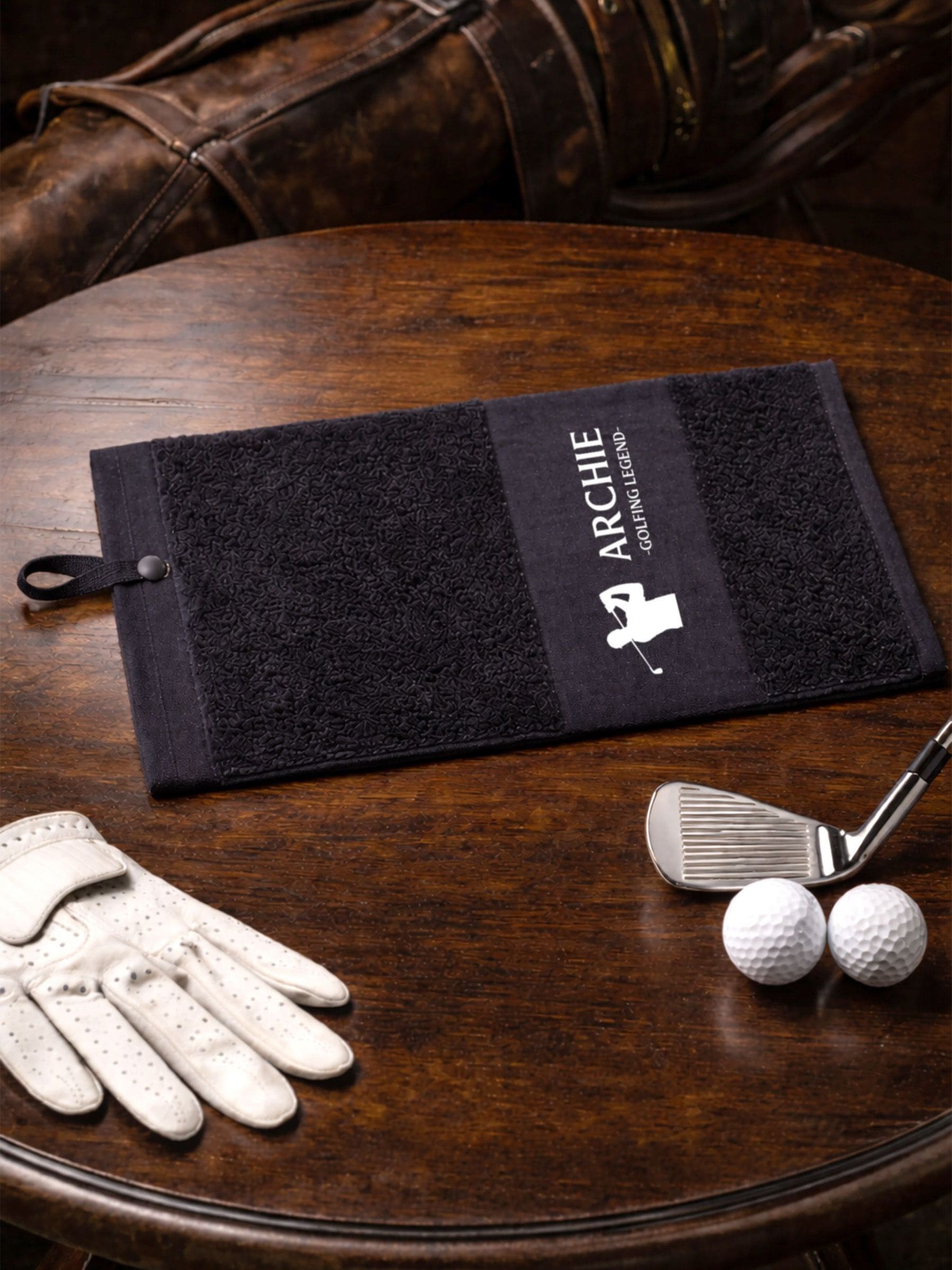 Loveabode black golf towel, imported from the UK