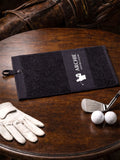 Loveabode black golf towel, imported from the UK