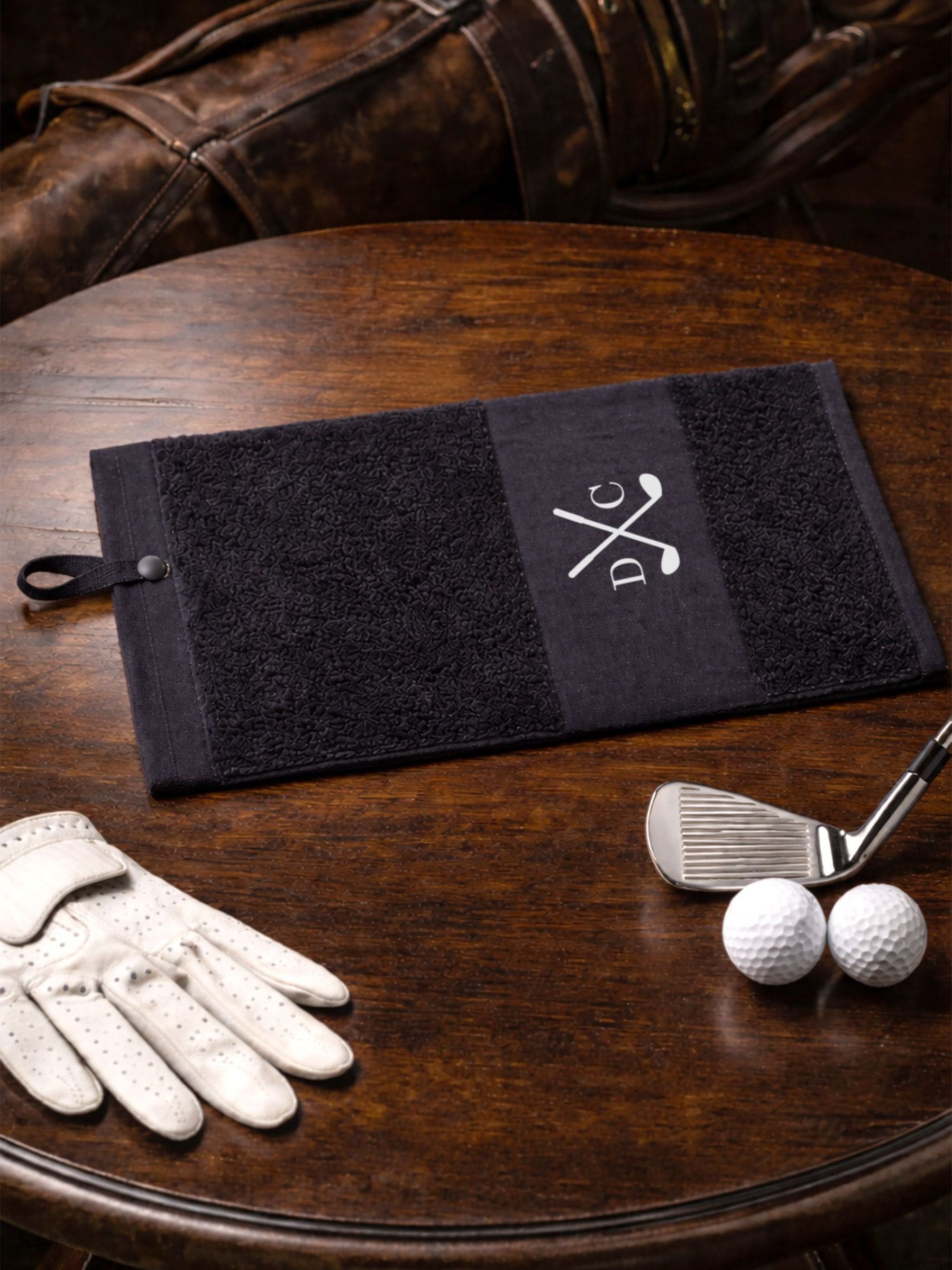 Loveabode black golf towel, imported from the UK