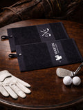 Loveabode black golf towel, imported from the UK