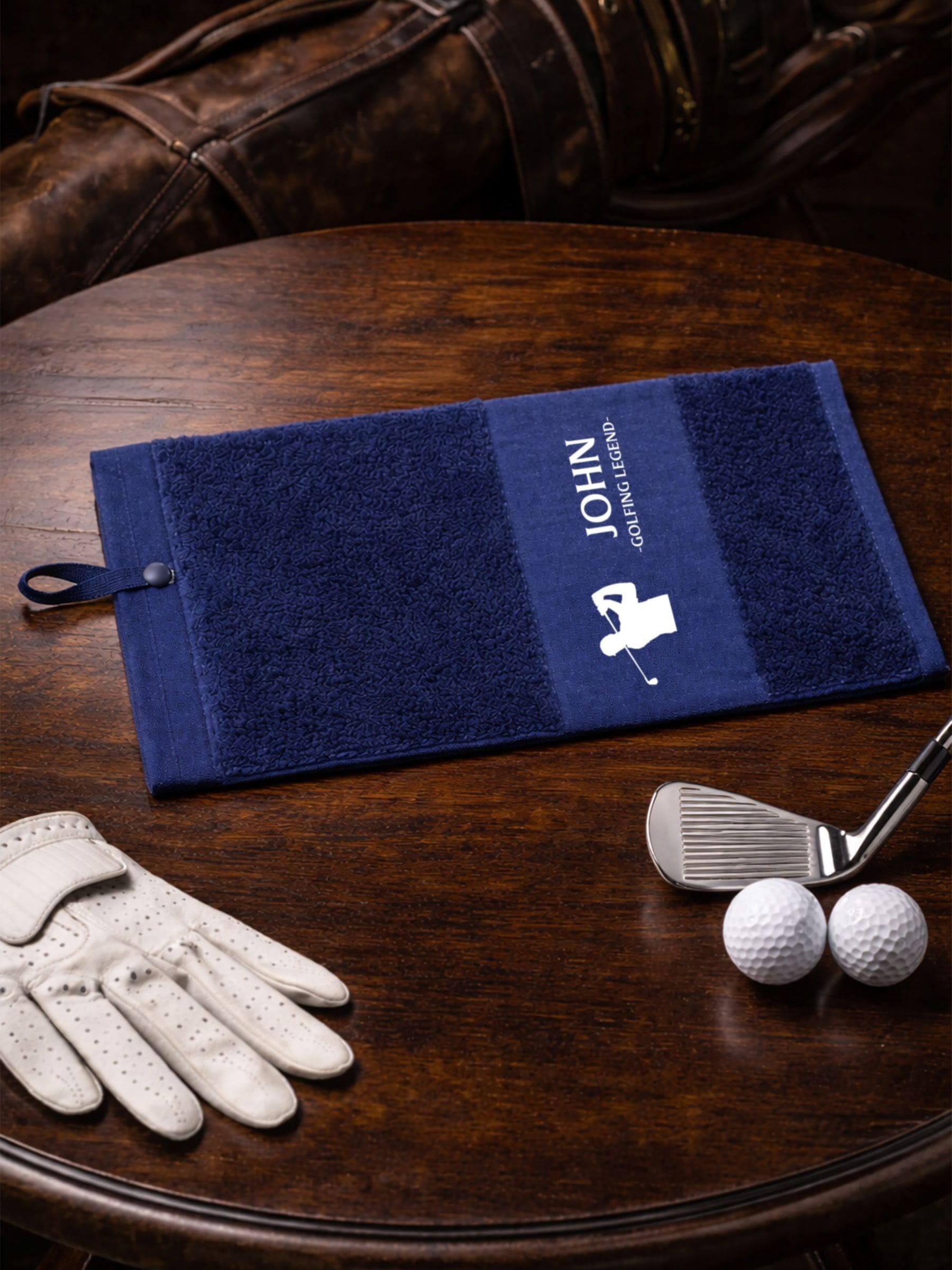 Loveabode personalised navy golf towel, UK version